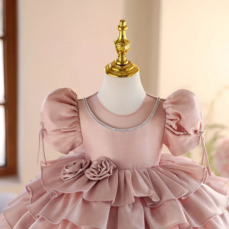 Girls pink princess piano performance dress with polyester lining, available in heights 80cm to 150cm