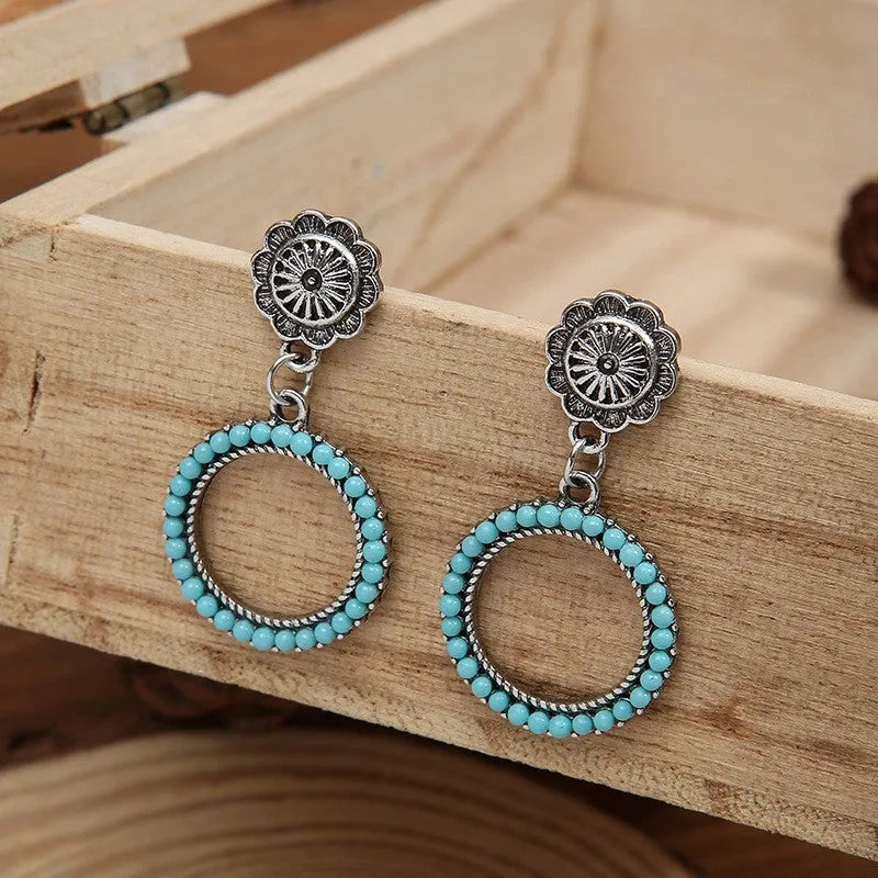 Geometric round turquoise drop earrings in antique silver alloy for women, size 2.2 cm by 4.2 cm