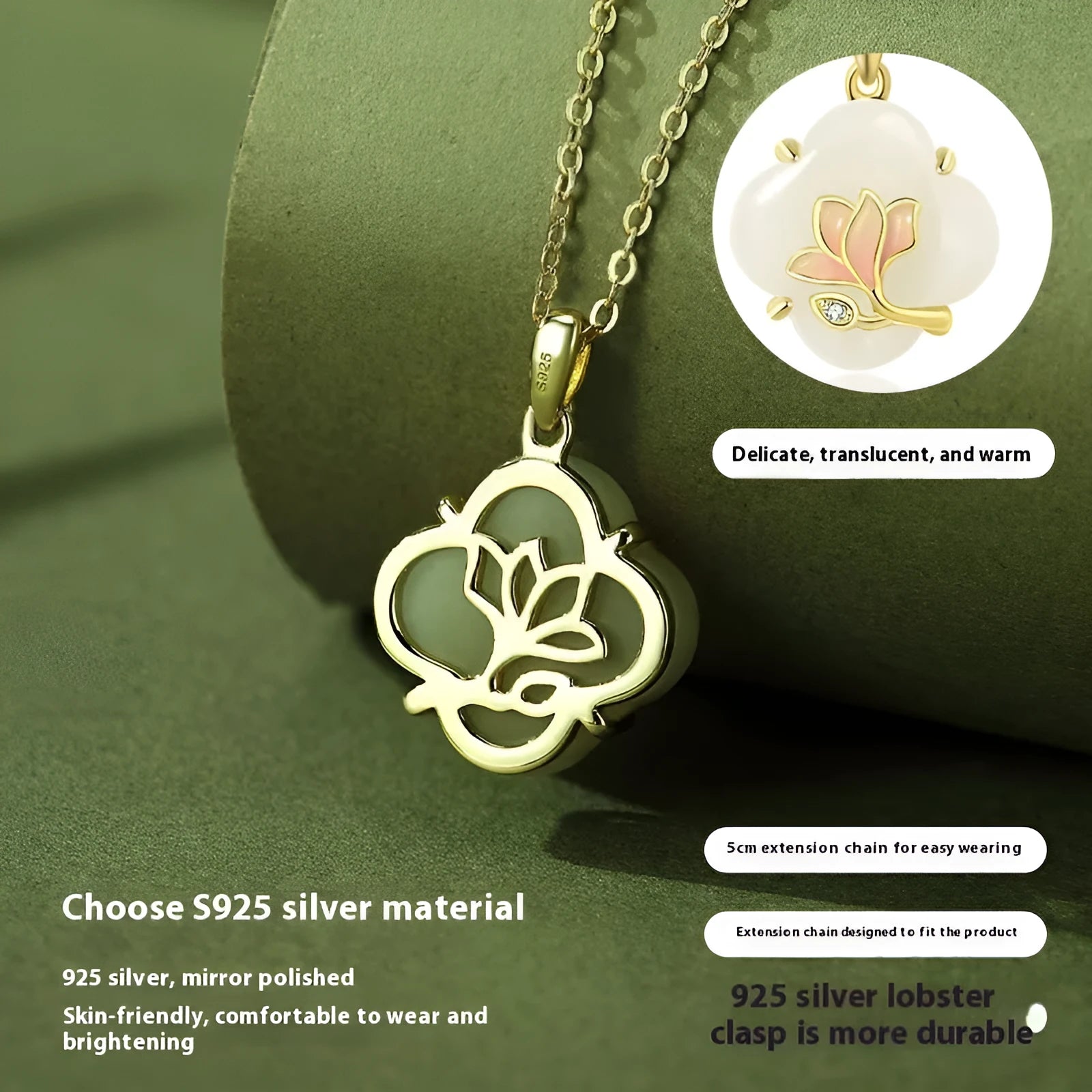 S925 sterling silver magnolia Hetian Jade jewellery set with necklace, bracelet, and ear studs.