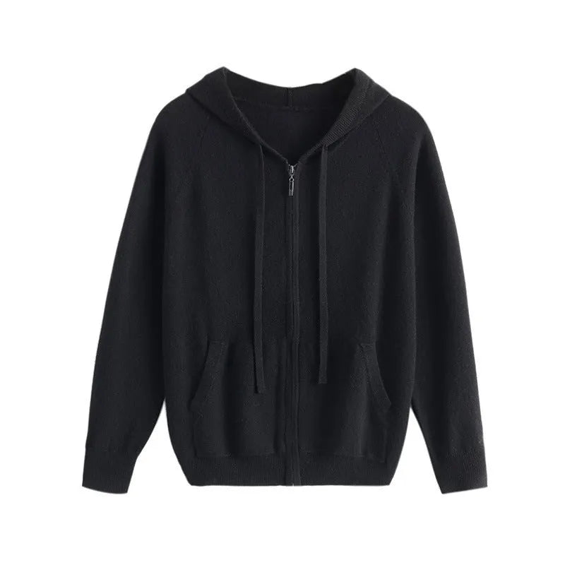 Men's grey hooded cashmere cardigan with full zip front and long sleeves