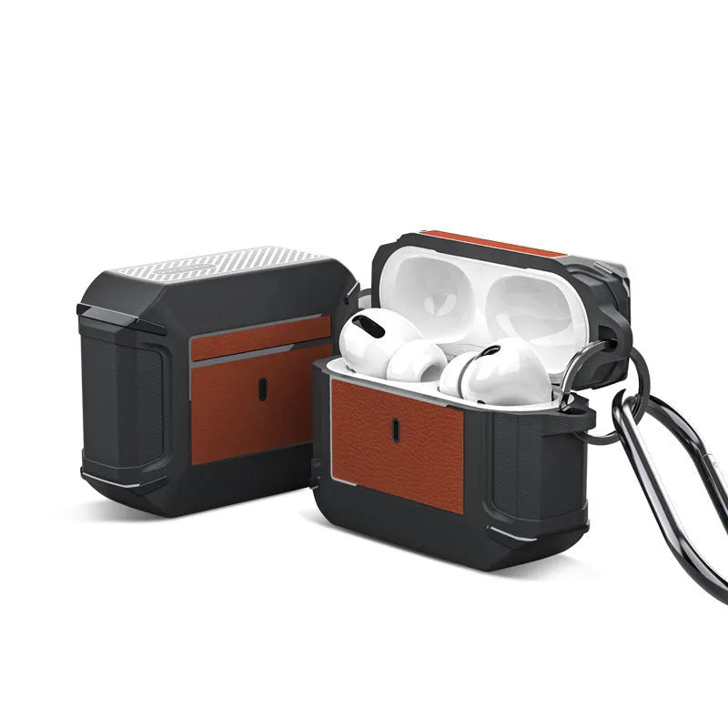 Black and mocha brown leather texture TPU clamshell case with buckle for AirPods Pro
