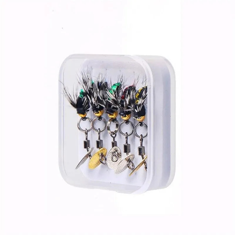 5 bionic mosquito and fly fishing hooks with spinning sequins in multicolour patterns