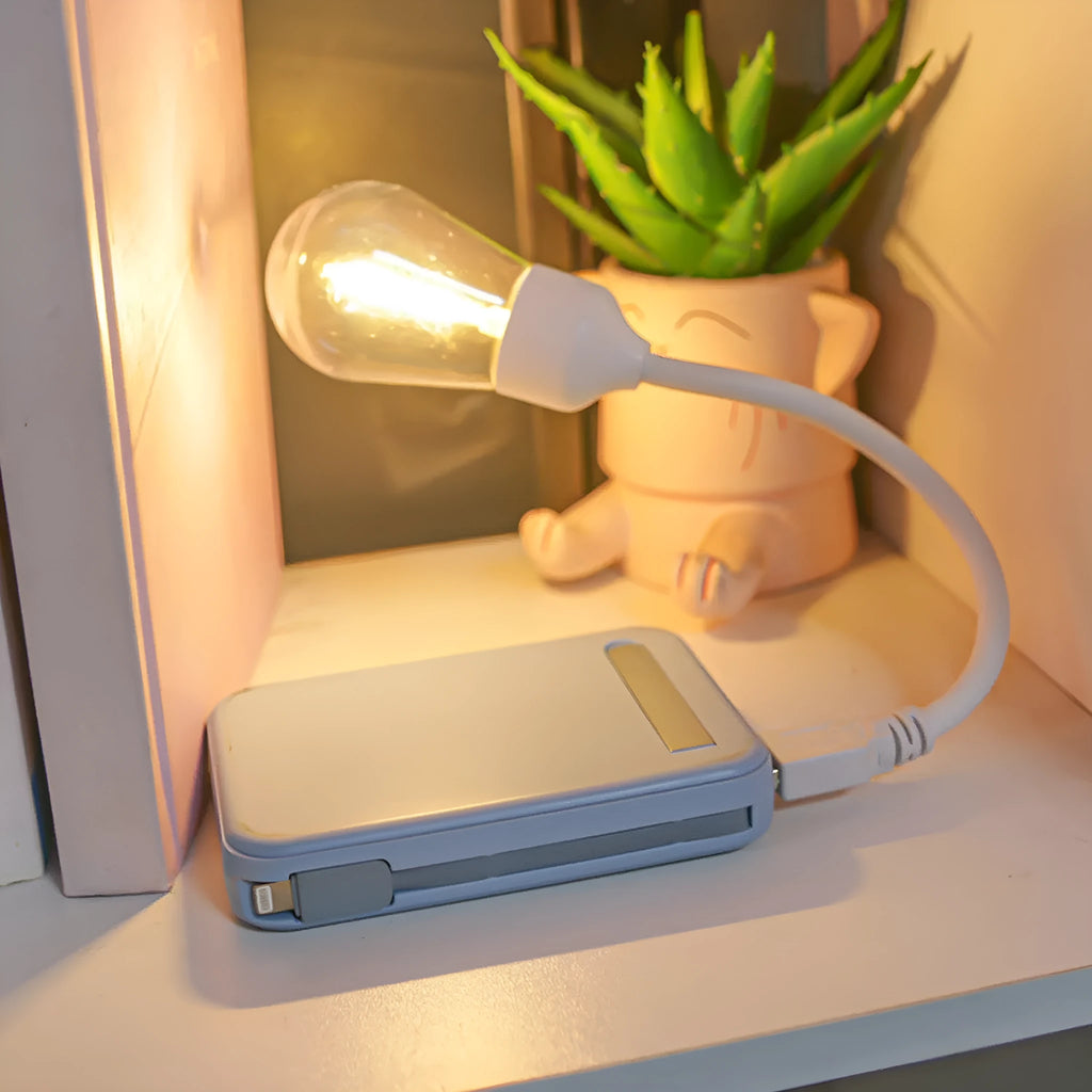 USB rechargeable folding tungsten night light with S14 bulb showing collapsed and extended positions
