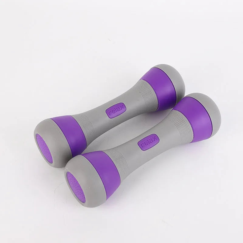 Pair of 2kg steel core TPR coated aerobics dumbbells in pink and blue on white background