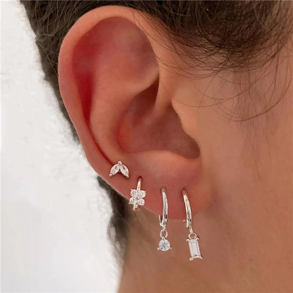Geometric square zircon four-piece earrings for women with gold electroplated finish on copper
