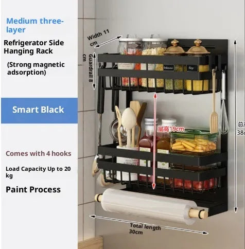 Magnetic refrigerator side storage rack in Black or Dark Green, punch-free, for plastic wrap, tissue, and seasoning, sizes L M S