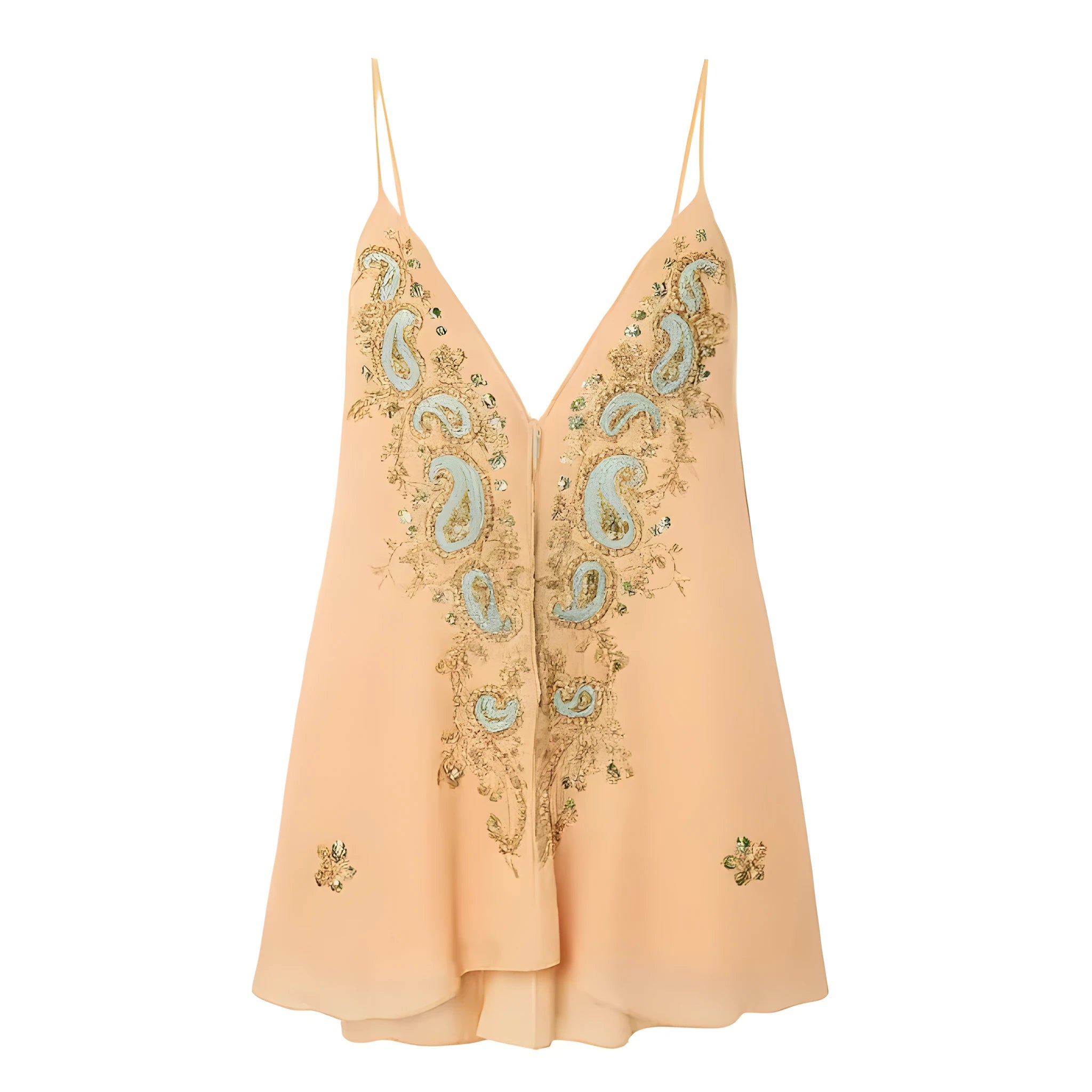 Women's light yellow ethnic print sleeveless V-neck dress with strap design on a short skirt.