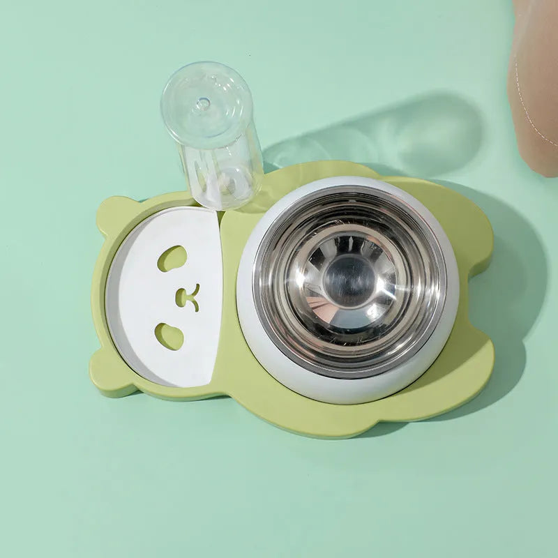 Grey and green panda-shaped raised pet bowl set with tilted bowls and a large water bottle.