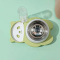 Grey and green panda-shaped raised pet bowl set with tilted bowls and a large water bottle.