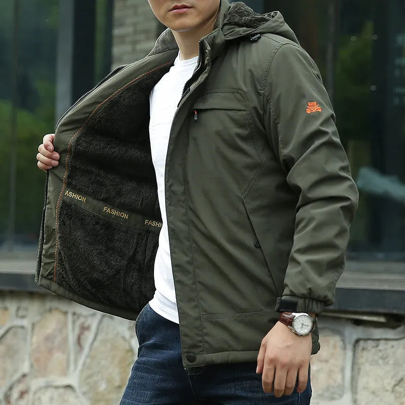 Men's waterproof breathable jacket with fleece lining, corduroy fabric, loose cut, solid colour, sizes M to 5XL.
