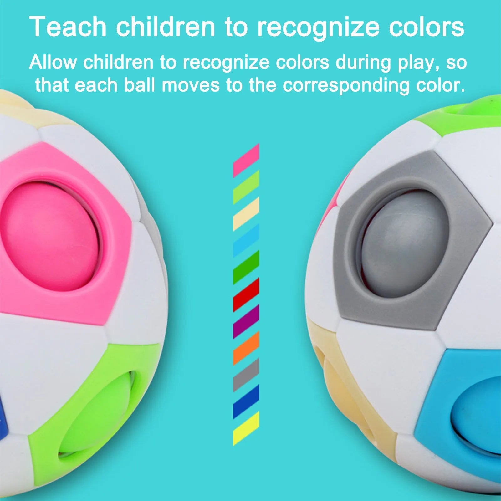 Rainbow coloured ball puzzle with multiple holes showing balls inside plastic sphere
