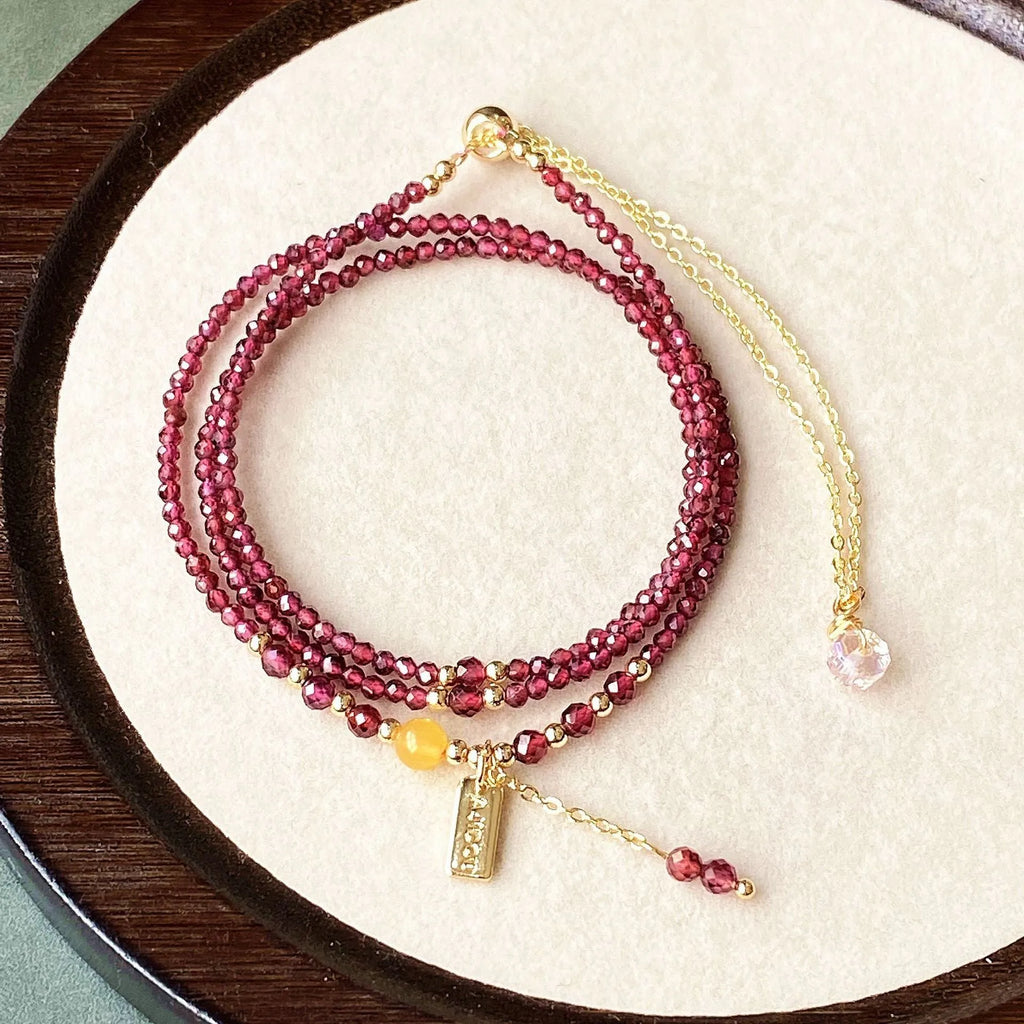Wine red garnet three circle bracelet and necklace set with 2.5mm beads