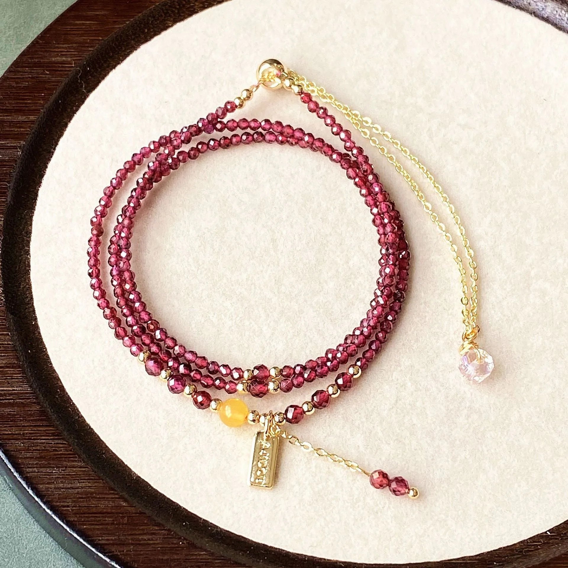 Wine red garnet three circle bracelet and necklace set with 2.5mm beads