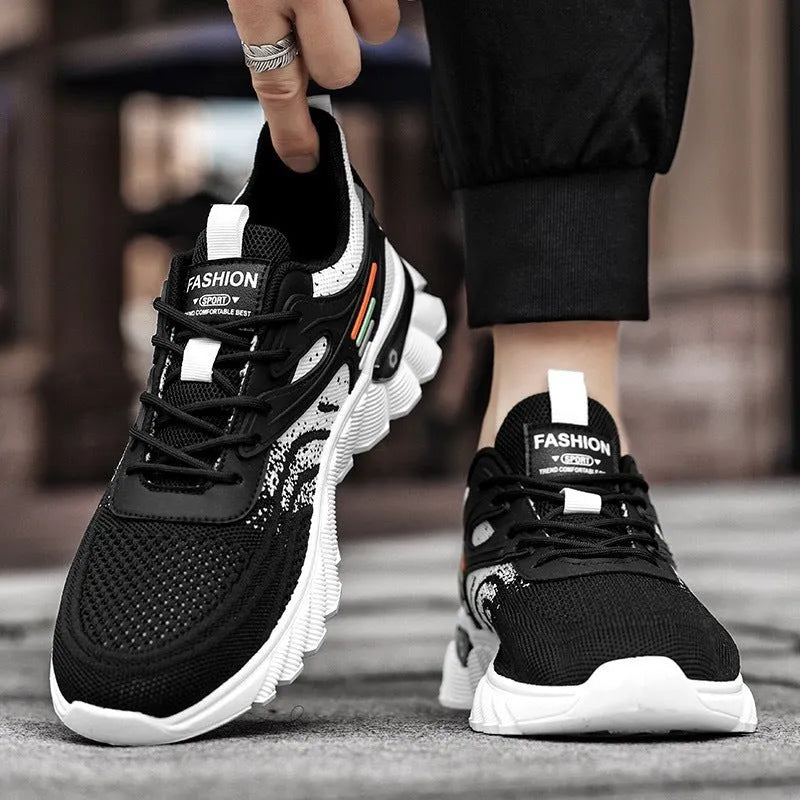 Men's white blue platform casual running shoes with cross shoulder straps and rubber sole