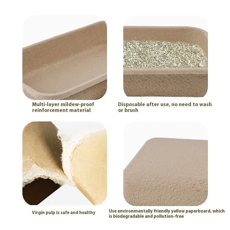 Brown disposable cat litter box showing waterproof biodegradable construction with three size options displayed