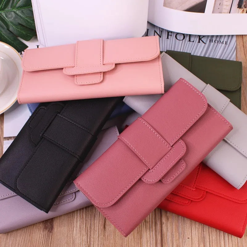 Women's tri-fold large capacity wallet in solid colour, soft PU leather with sewing thread detail