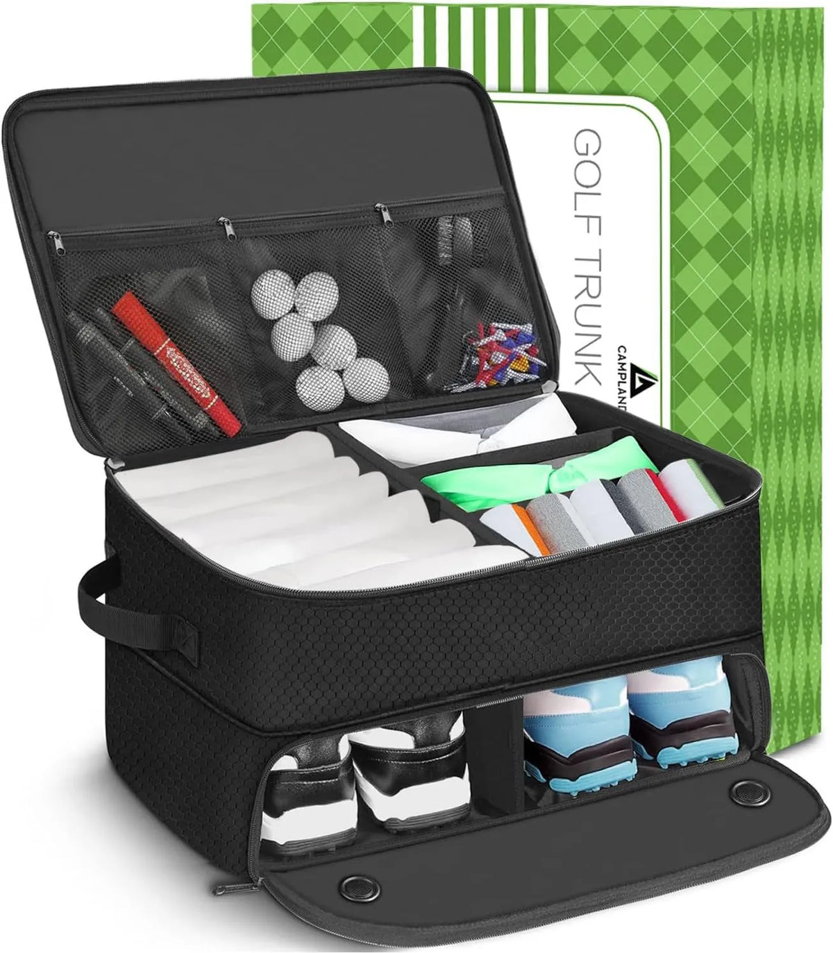 Black polyester cube-shaped waterproof golf trunk storage box with sealed closure
