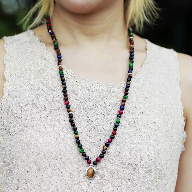 Natural stone meditation necklace bracelet with 108 pendants showing colour tiger-eye beads and mixed gem charms