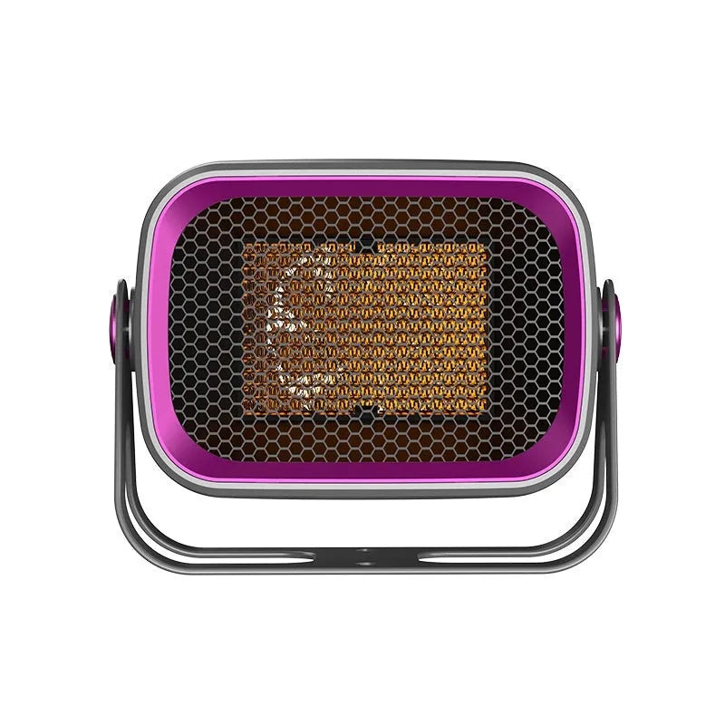 Compact desktop ceramic heater in white, khaki, or gray with rotating body and dual-speed controls