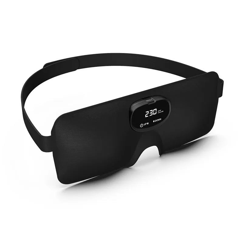 Black sleep aid smart eye mask with EMS massage, polyester and silicone build, rechargeable via USB