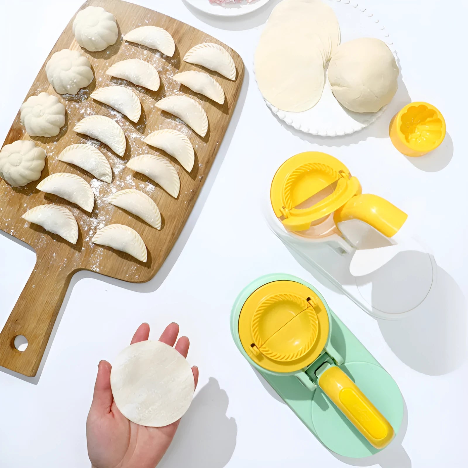 Plastic dumpling wrapper press machine 25.5x11.5x6.5cm in fresh green colour on kitchen counter