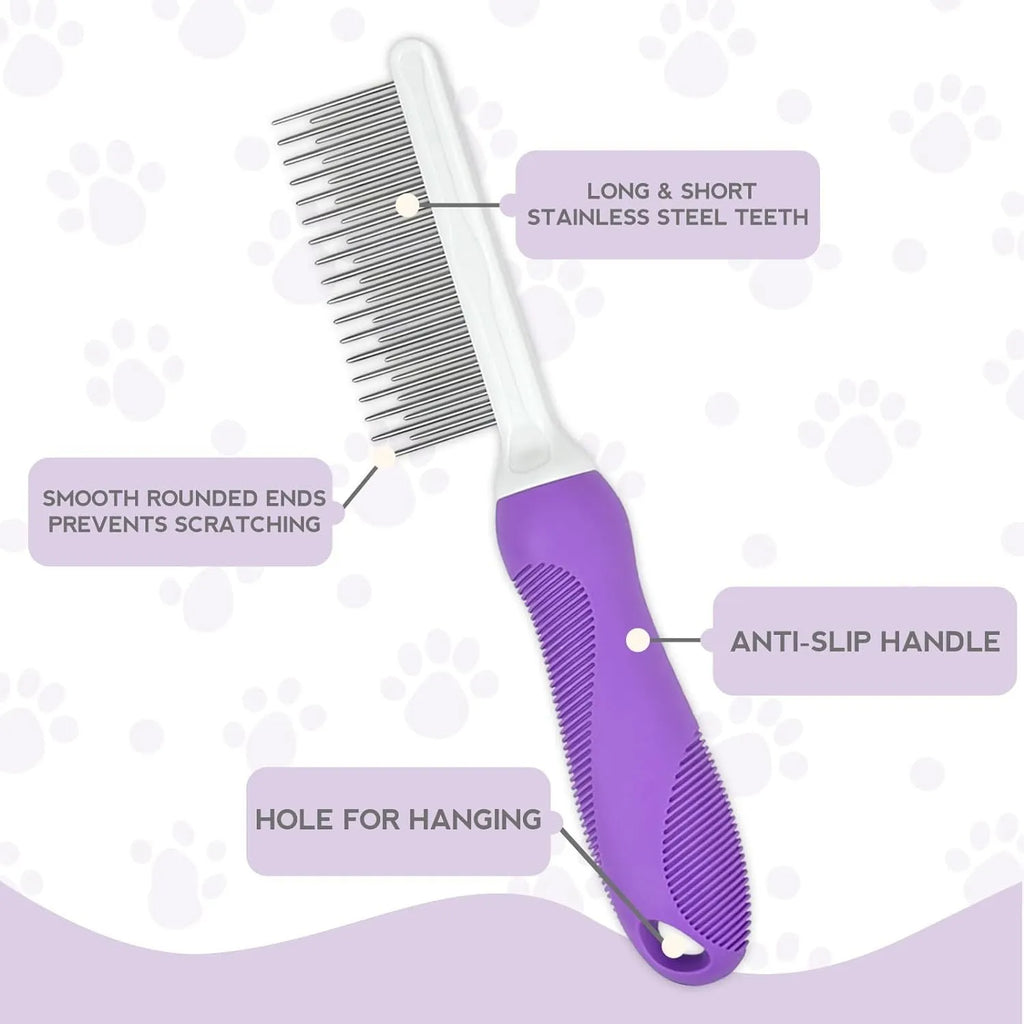 Purple pet grooming comb with stainless steel long and short teeth on a wooden surface.