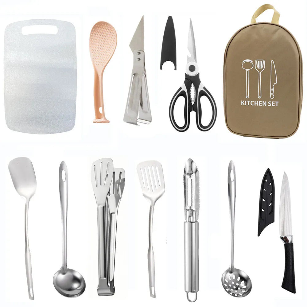 Portable picnic kitchenware storage bag containing 12 stainless steel utensils.
