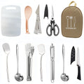 Portable picnic kitchenware storage bag containing 12 stainless steel utensils.