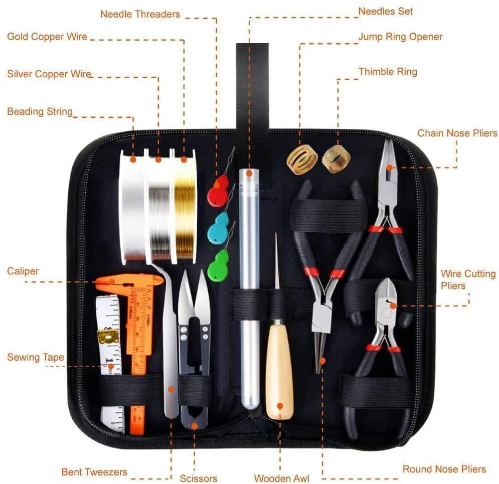 Open jewellery making repair kit with metal beads, copper wire, thread threaders, and pliers in a 23x13x8cm box
