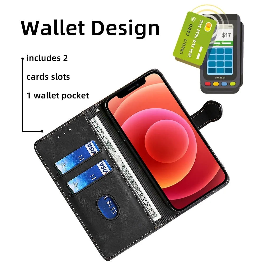 Flip phone case with card slot and kickstand bracket for Apple iPhone, available in black, brown, red, blue