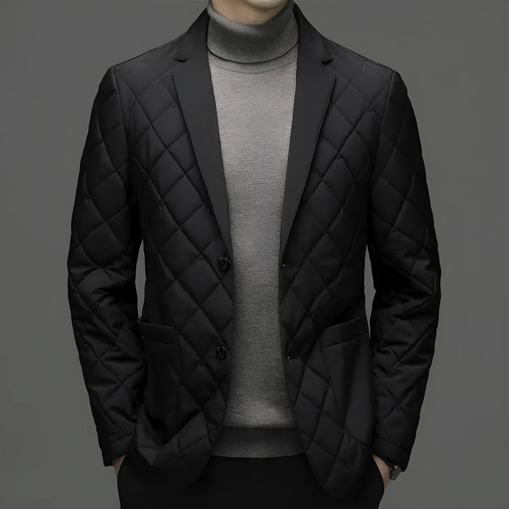 Men's cardigan-style winter down jacket with lapel collar in solid colour with side seam pockets