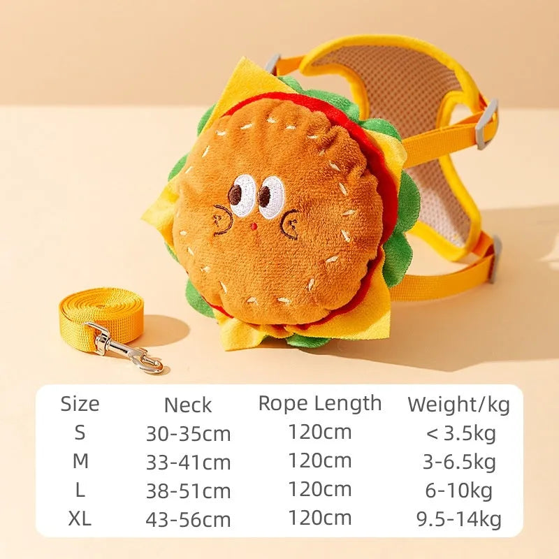 Cartoon hamburger chips design adjustable pet vest leash rope in escape-proof walking harness