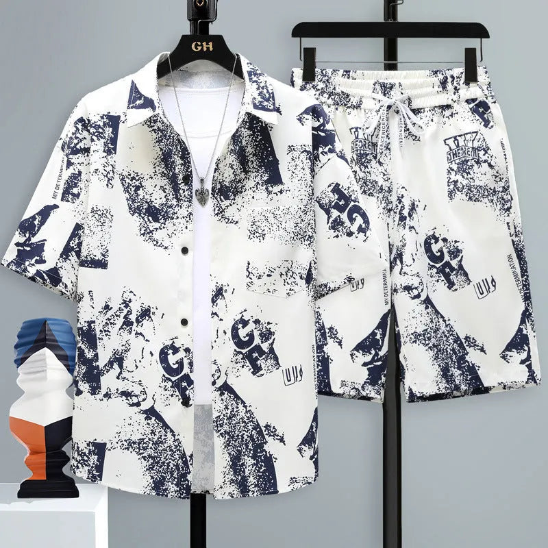 Men's casual polyester shorts two-piece set with short sleeve top in assorted colours