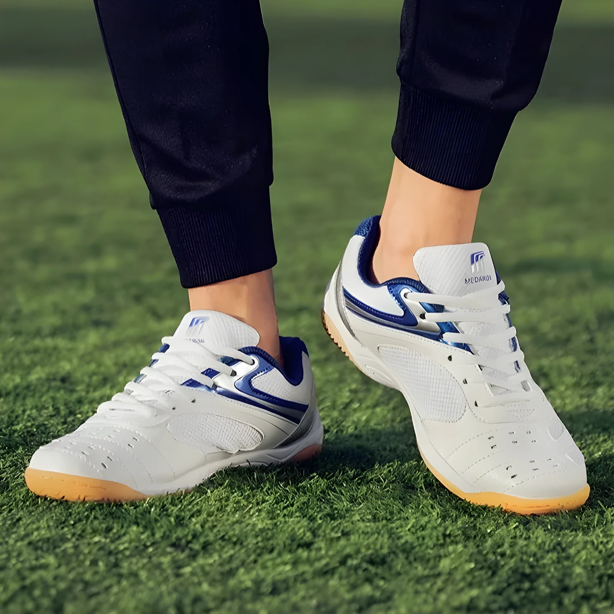 White and blue table tennis sneakers with lace-up front, round toe, and rubber sole.