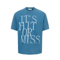 Men's loose fit blue t-shirt with white American retro letter print on the front.