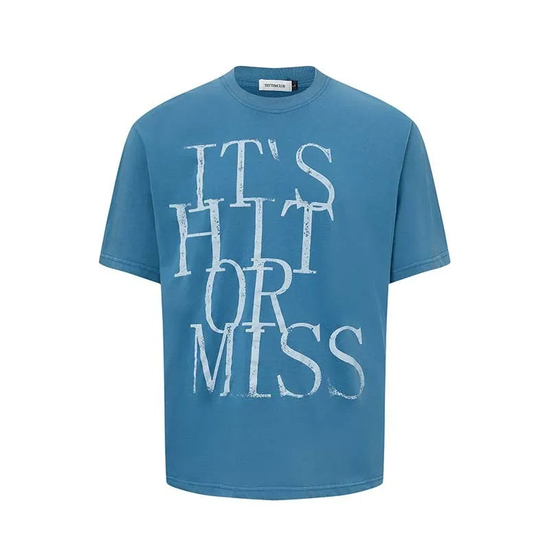 Men's loose fit blue t-shirt with white American retro letter print on the front.