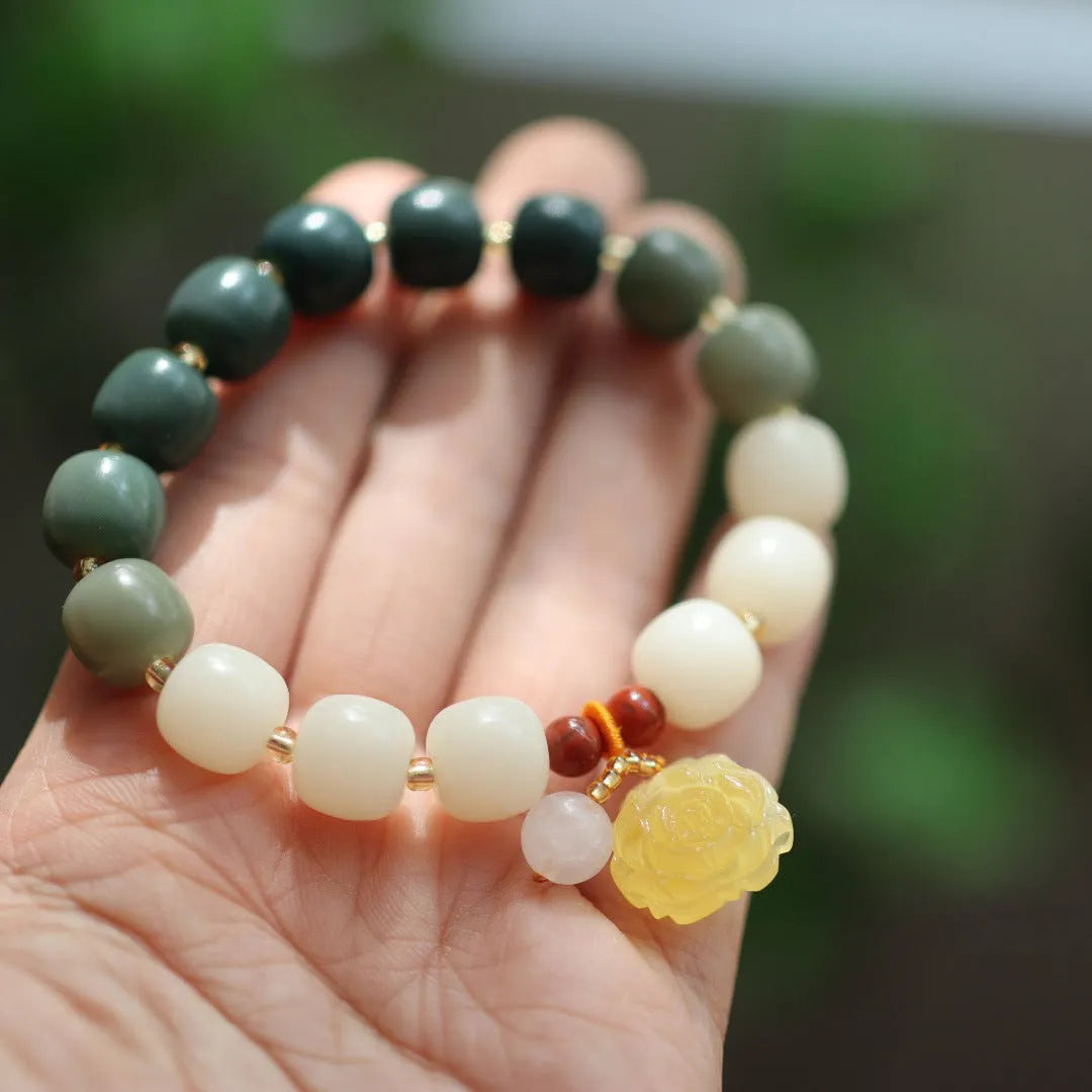Woven gradient white jade Bodhi bracelet with beeswax lotus charm, 10mm beads, retro flower design
