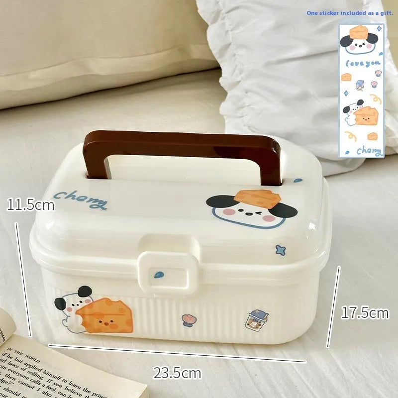 A white double-layer plastic storage box with a set of large, medium, and small stickers for labelling.