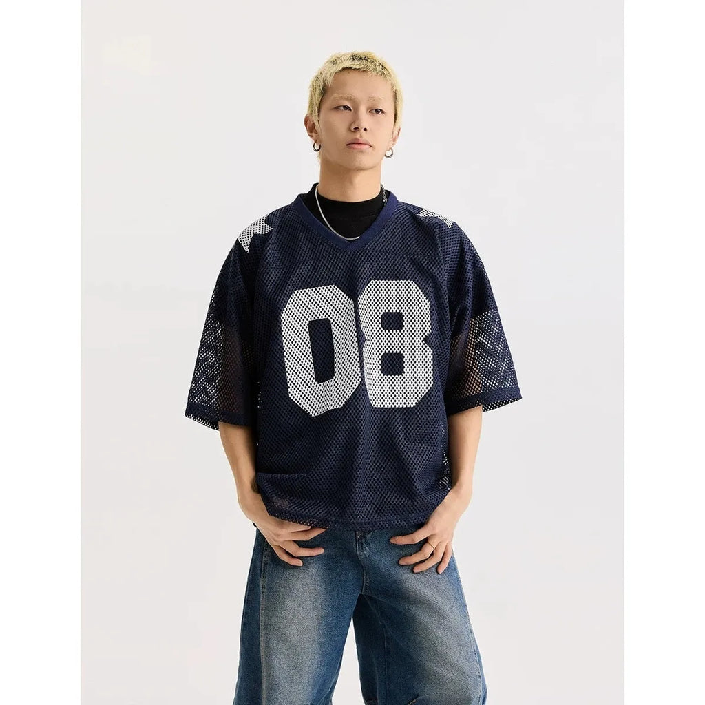 Black and navy blue half sleeve pullover shirt with loose fit and letter pattern design