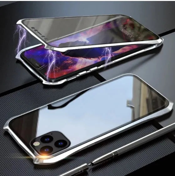 Glass magnetic king metal back cover for iPhone 11 in black, red, blue, and silver colours.