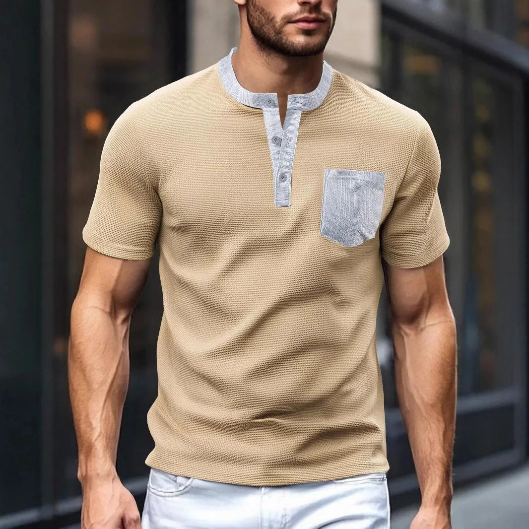 Men's colour-blocked short sleeve waffle knit henley shirt in loose fit, available in six colours including white and navy