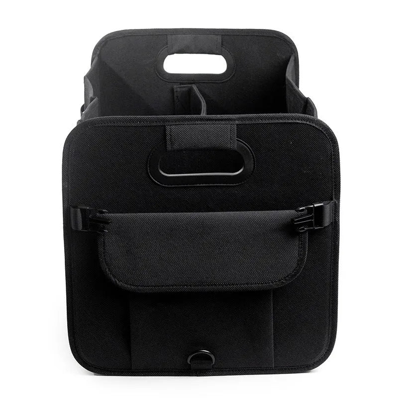 Black foldable fabric car boot storage box with handle and multiple compartments