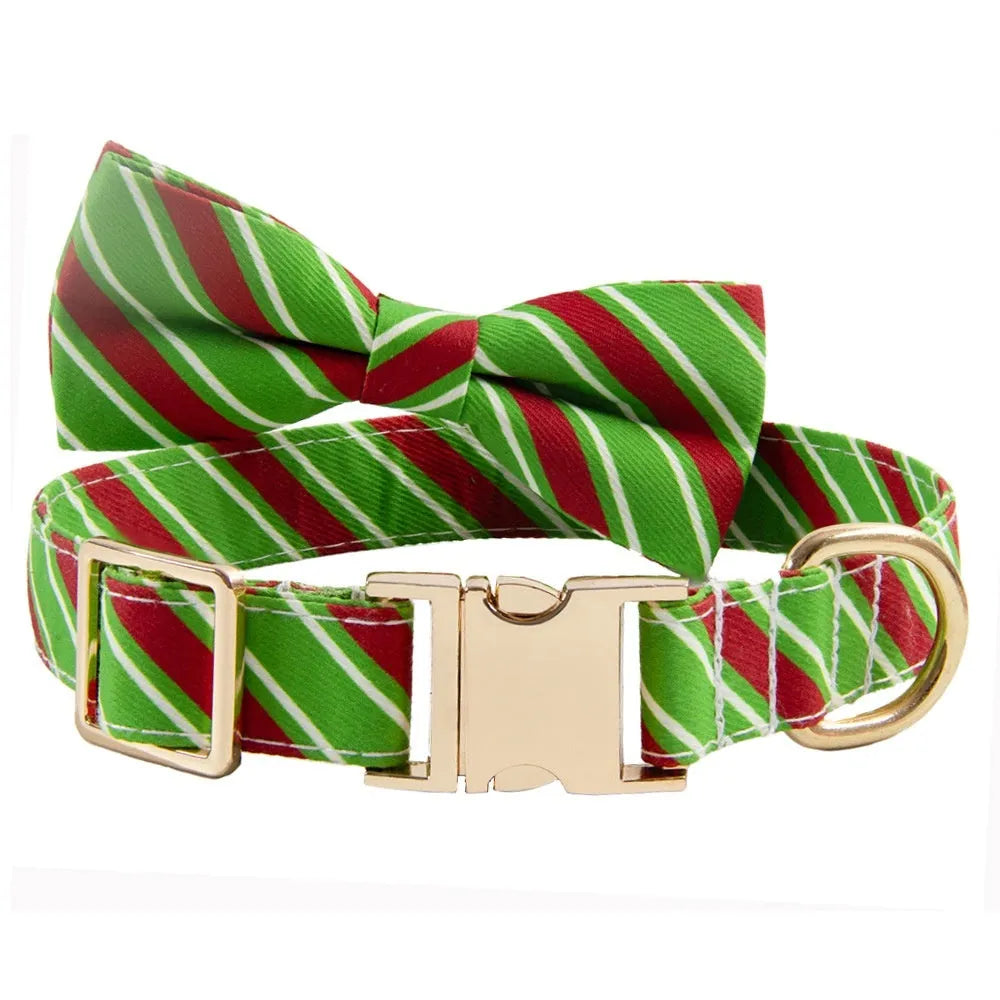 Striped engravable dog collar with bow in candy green, showing size adjustment.