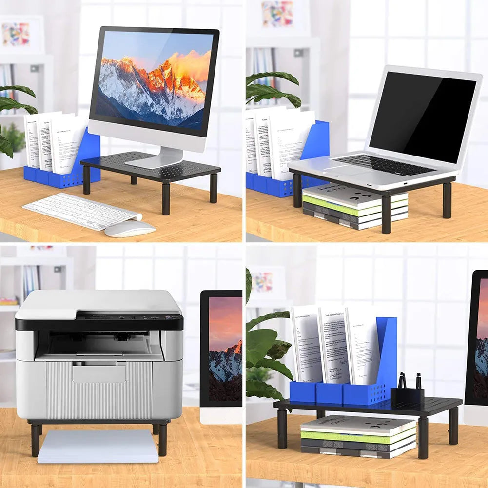 Black iron mesh height adjustable desktop rack for computer monitor and notebook, 370x235x140mm with anti-slip surface