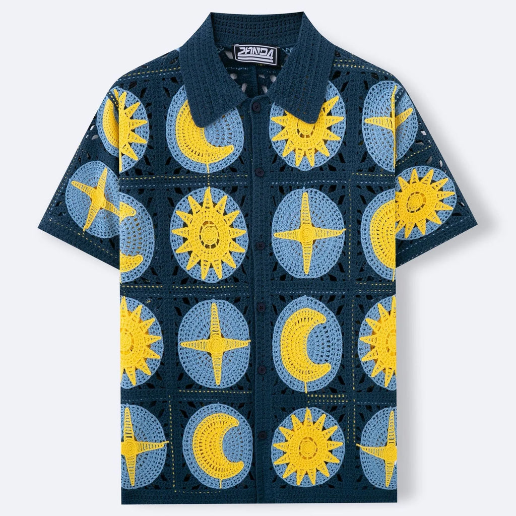 Men's navy blue short-sleeved cardigan with flocked cartoon pattern, thin acrylic summer knitwear