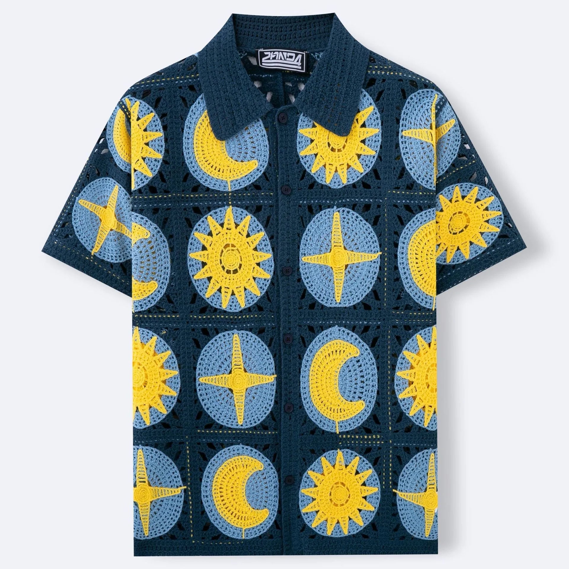 Men's navy blue short-sleeved cardigan with flocked cartoon pattern, thin acrylic summer knitwear