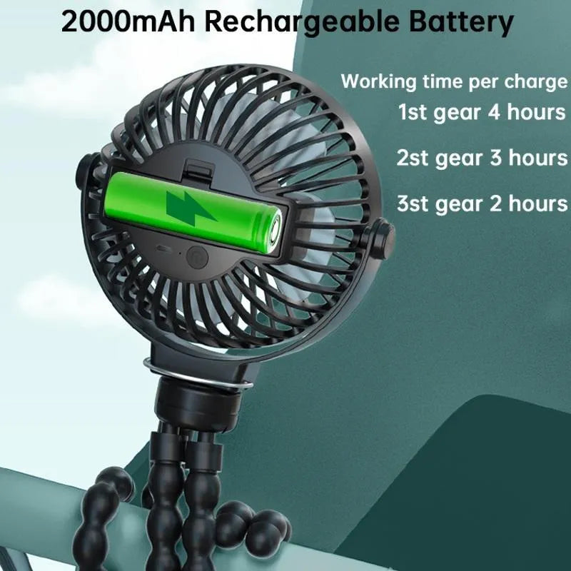 Black flexible tripod clip-on fan with 2000mAh battery and three speed settings