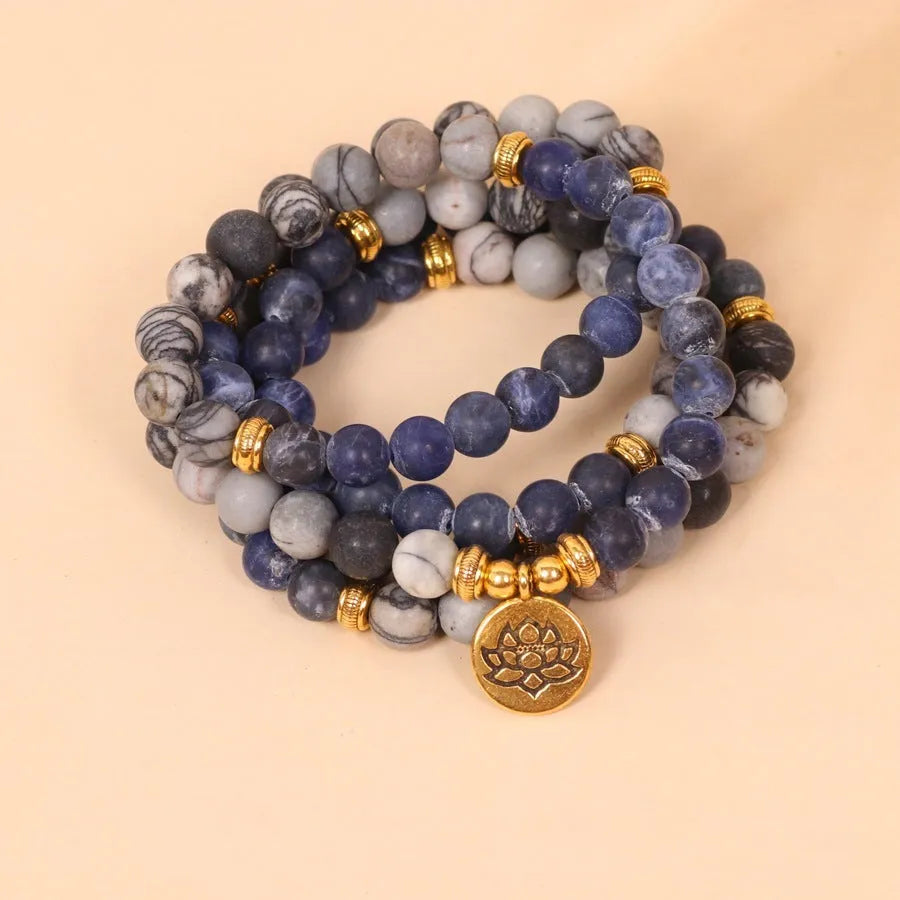 Blue patterned network stone beads on multi-layer alloy bracelet