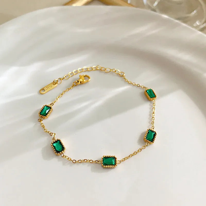 Titanium steel emerald zircon bracelet and necklace set with O-ring chain and 18K gold finish