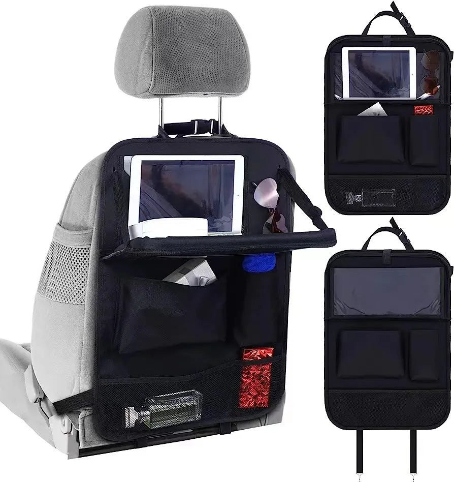Black oxford cloth car seat buggy organiser bag hanging from vehicle seat showing 42x30cm dimensions